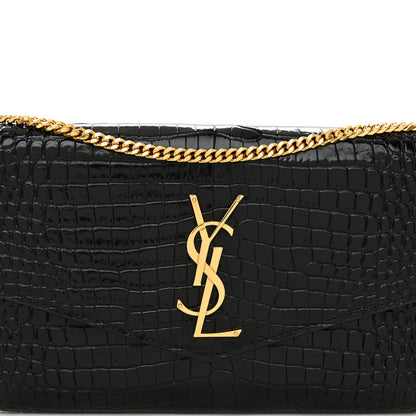 Saint Laurent Calfskin Crocodile Embossed Monogram Uptown Chain Wallet Black 9 of 12