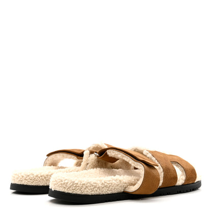 Hermes Suede Goatskin Woolskin Mens Chypre Sandals 45 Brun Fume Ecru 4 of 7