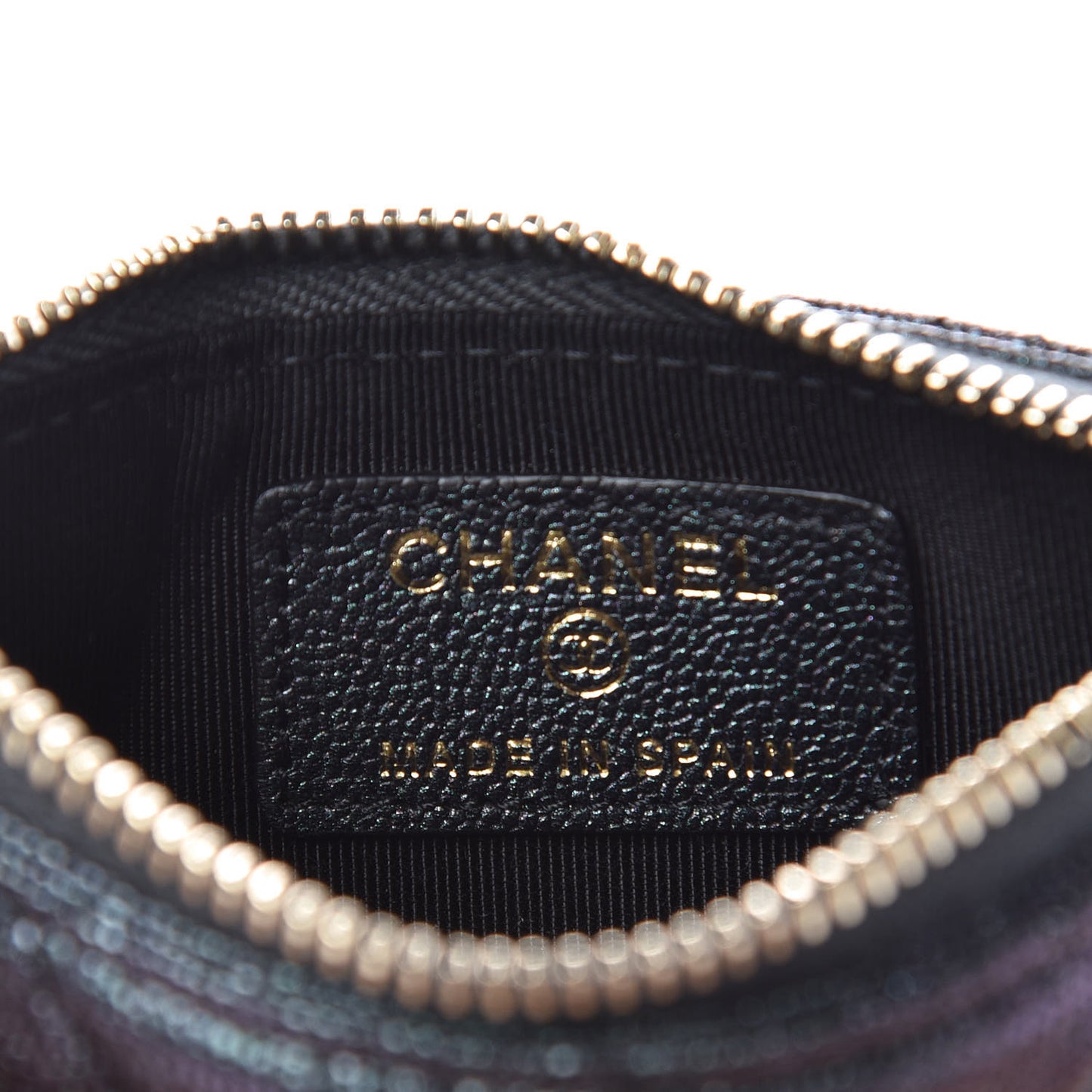 Iridescent Caviar Quilted Flap Zip Card Holder Black