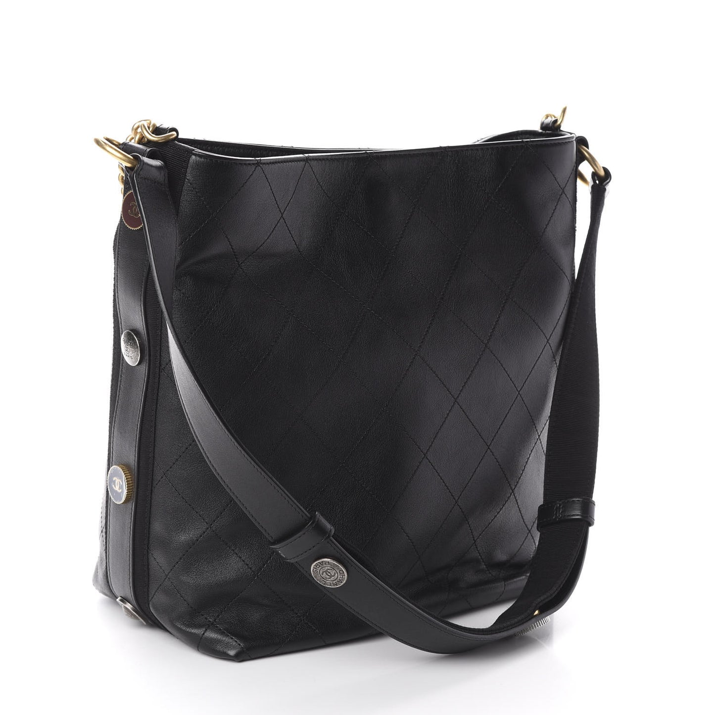 Calfskin Stitched Large Button Up Hobo Black