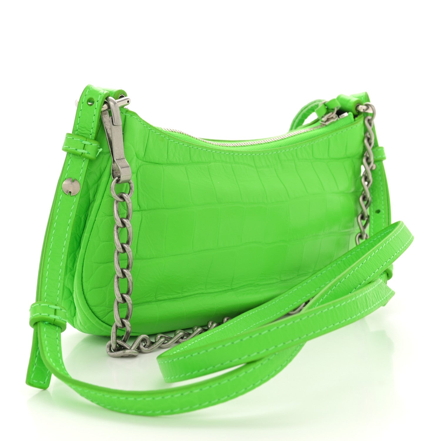 Balenciaga Extra Supple Calfskin Crocodile Embossed Le Cagole Mini Purse With Chain Acid Green 3 of 11