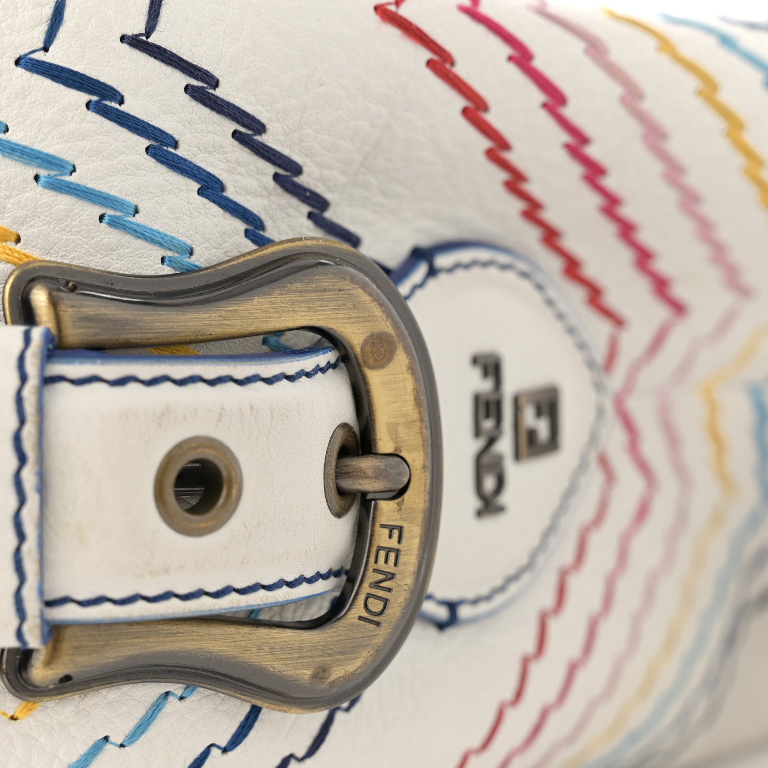 Fendi Vitello Palma Zig Zag Thread Embroidered Doctor B Hobo White Multicolor 18 of 19