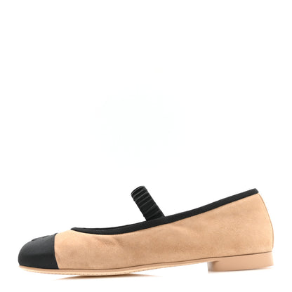 Chanel Suede Kidskin Grosgrain Mary Jane Flats 38 Beige Black 1 of 9