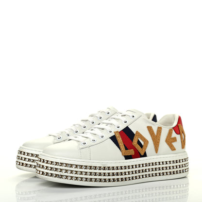 Gucci Calfskin Crystal Web LOVED Embroidered Womens Ace Platform Sneakers 37 White Red Flame Notte 3 of 16