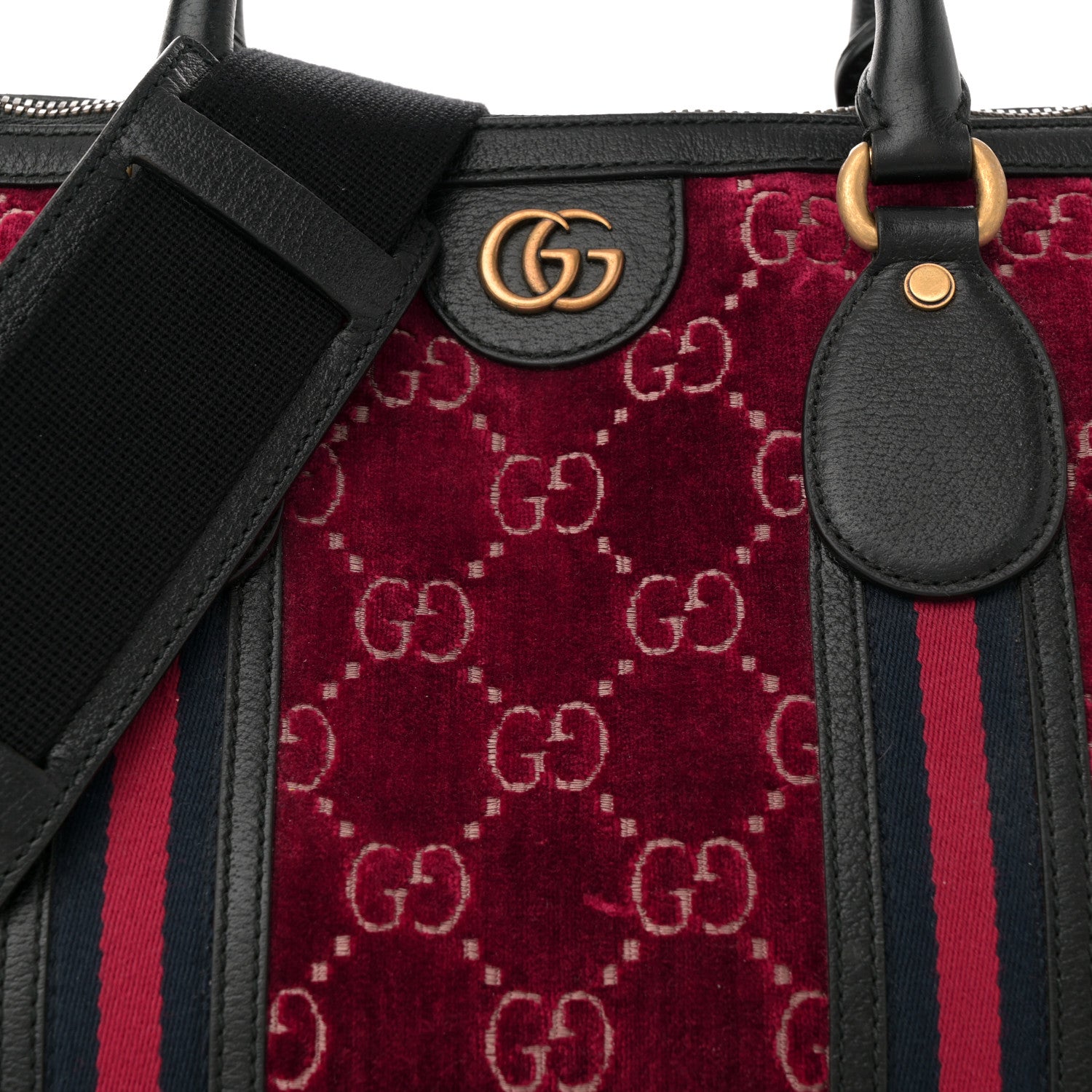 Gucci Velvet GG Monogram Textured Calfskin Web Medium Duffle Bag Red Cipria Black 8 of 12
