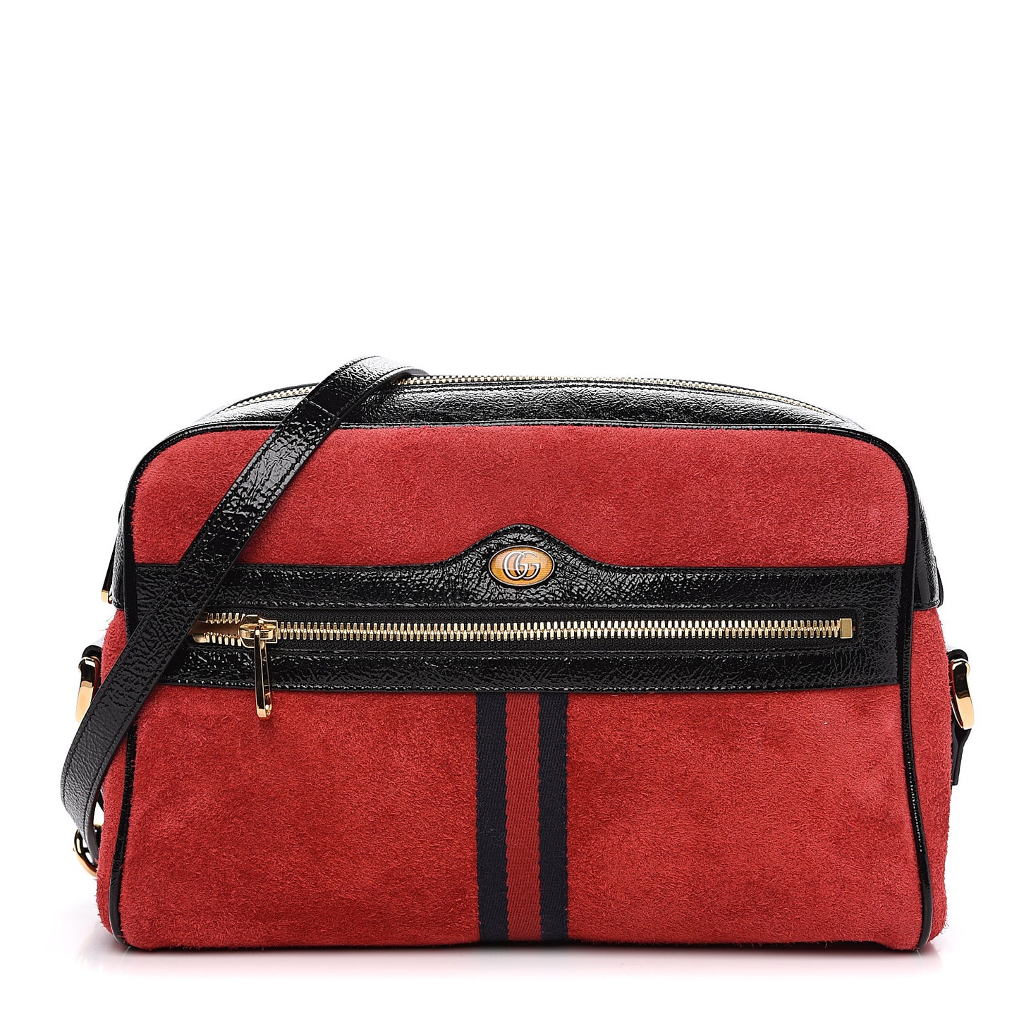 Suede Patent Web Small Ophidia Shoulder Bag Hibiscus Red Black