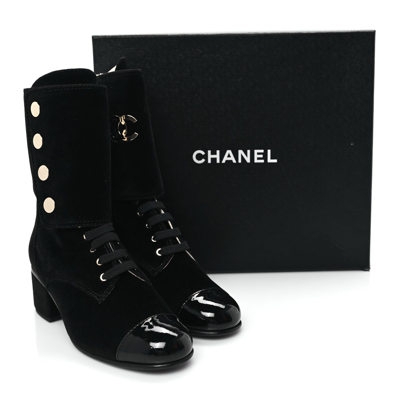 Chanel Velvet Patent Cap Toe CC Lace Up Boots 38.5 Black 7 of 9