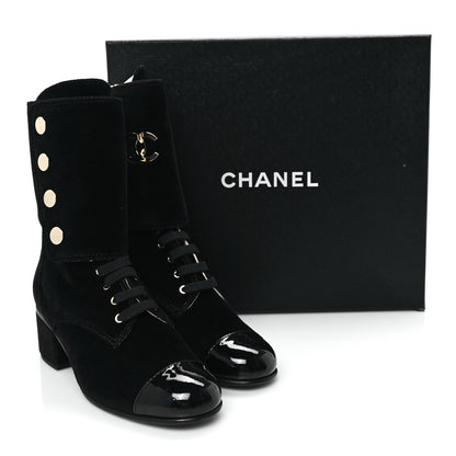 Chanel Velvet Patent Cap Toe CC Lace Up Boots 38.5 Black 7 of 9
