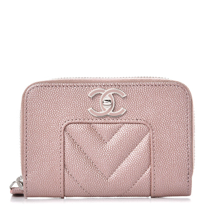 Chanel Metallic Caviar Chevron Quilted Vintage Mademoiselle Zip Coin Purse Pink 1 of 8