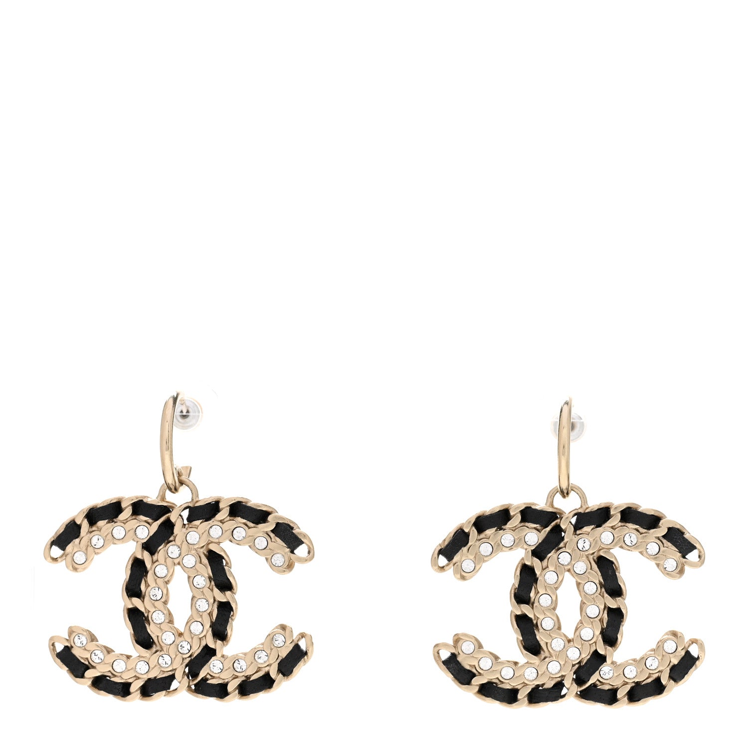 Chanel Crystal Lambskin Chain CC Vintage Allure Stud Earrings Black Gold 1 of 5