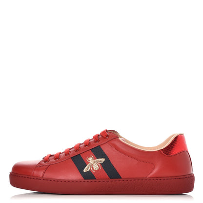 Gucci Miro Soft Calfskin Laminated Ayers Web Bee Embroidered Mens Ace Sneakers 10.5 Hibiscus Red Red Flame Notte 1 of 9