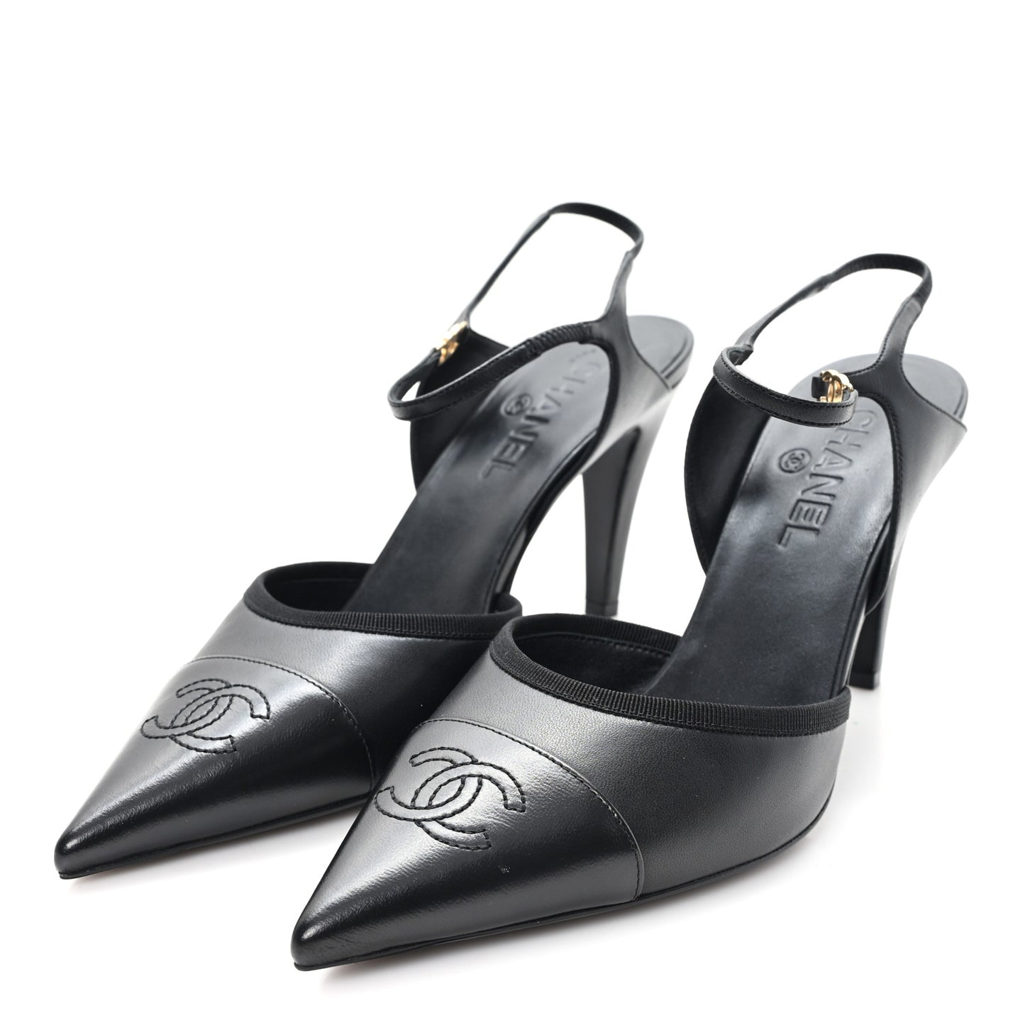 Iridescent Lambskin Pointed Cap Toe CC Slingback Pumps 41 Black