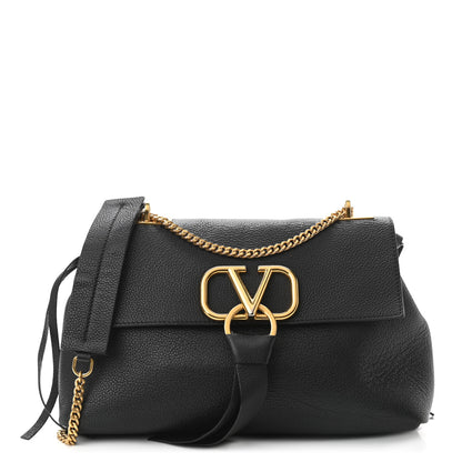 Valentino Garavani Pebbled Calfskin Small VRing Chain Shoulder Bag Black 1 of 10