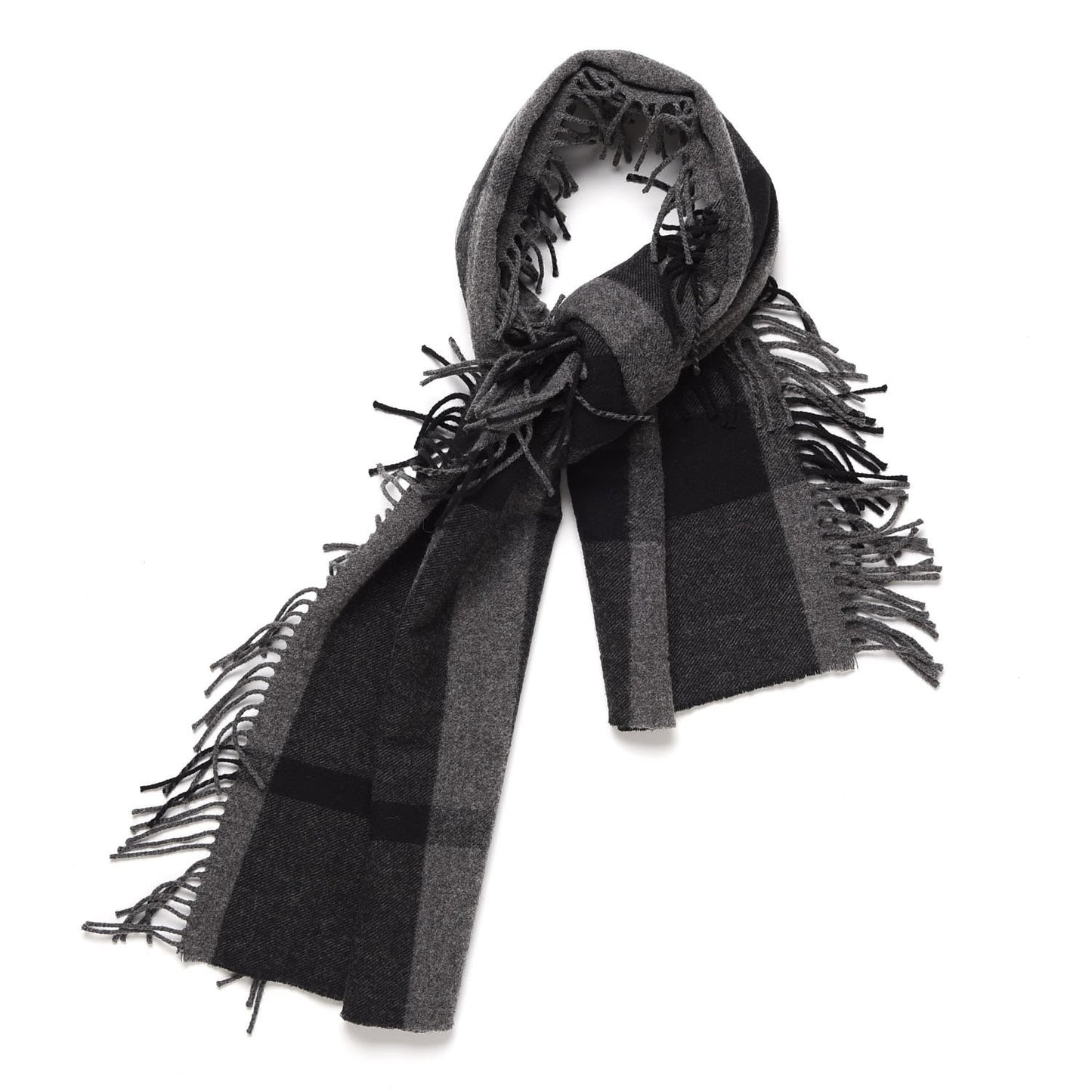 Merino Wool Half Mega Check Fringe Scarf Black Grey