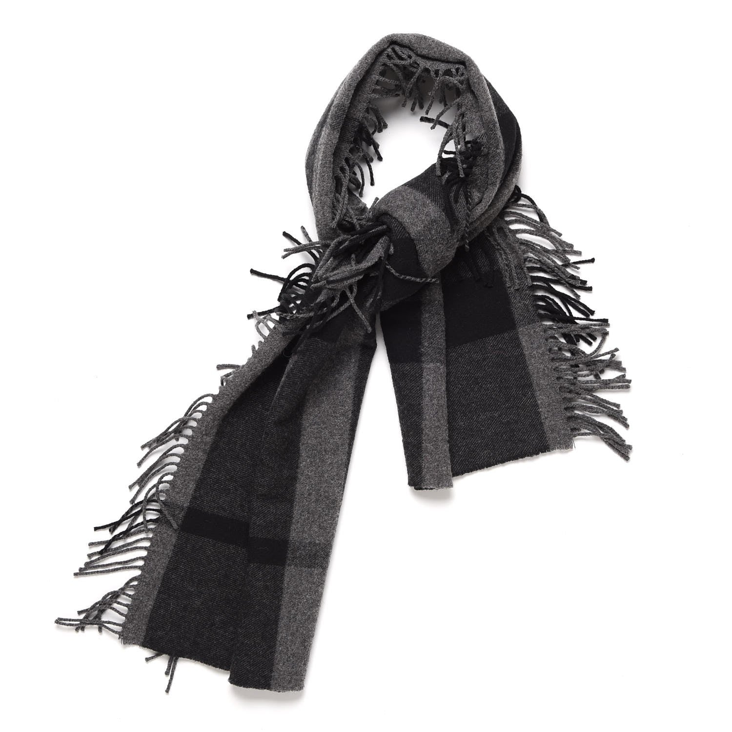 Burberry Merino Wool Half Mega Check Fringe Scarf Black Grey 1 of 7