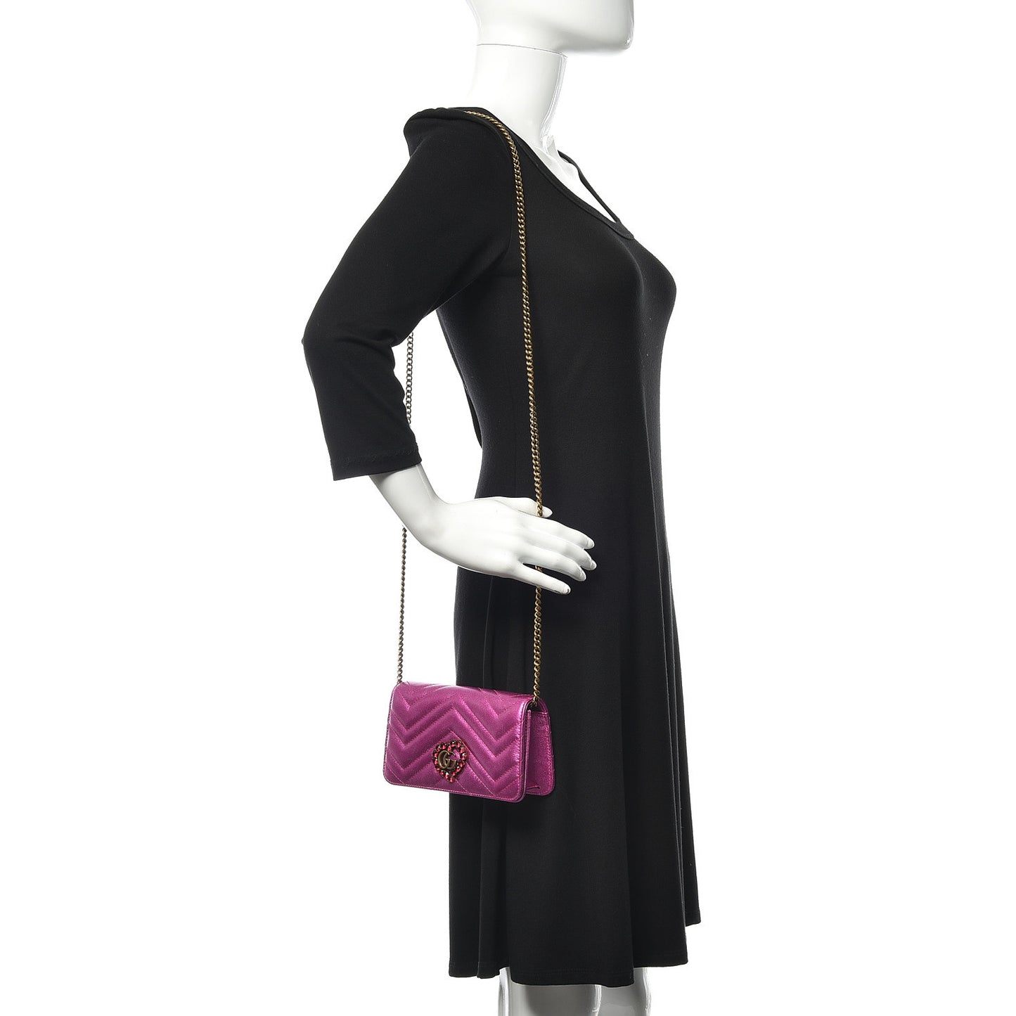 Metallic Calfskin Matelasse Crystal GG Marmont Mini Bag Fuchsia