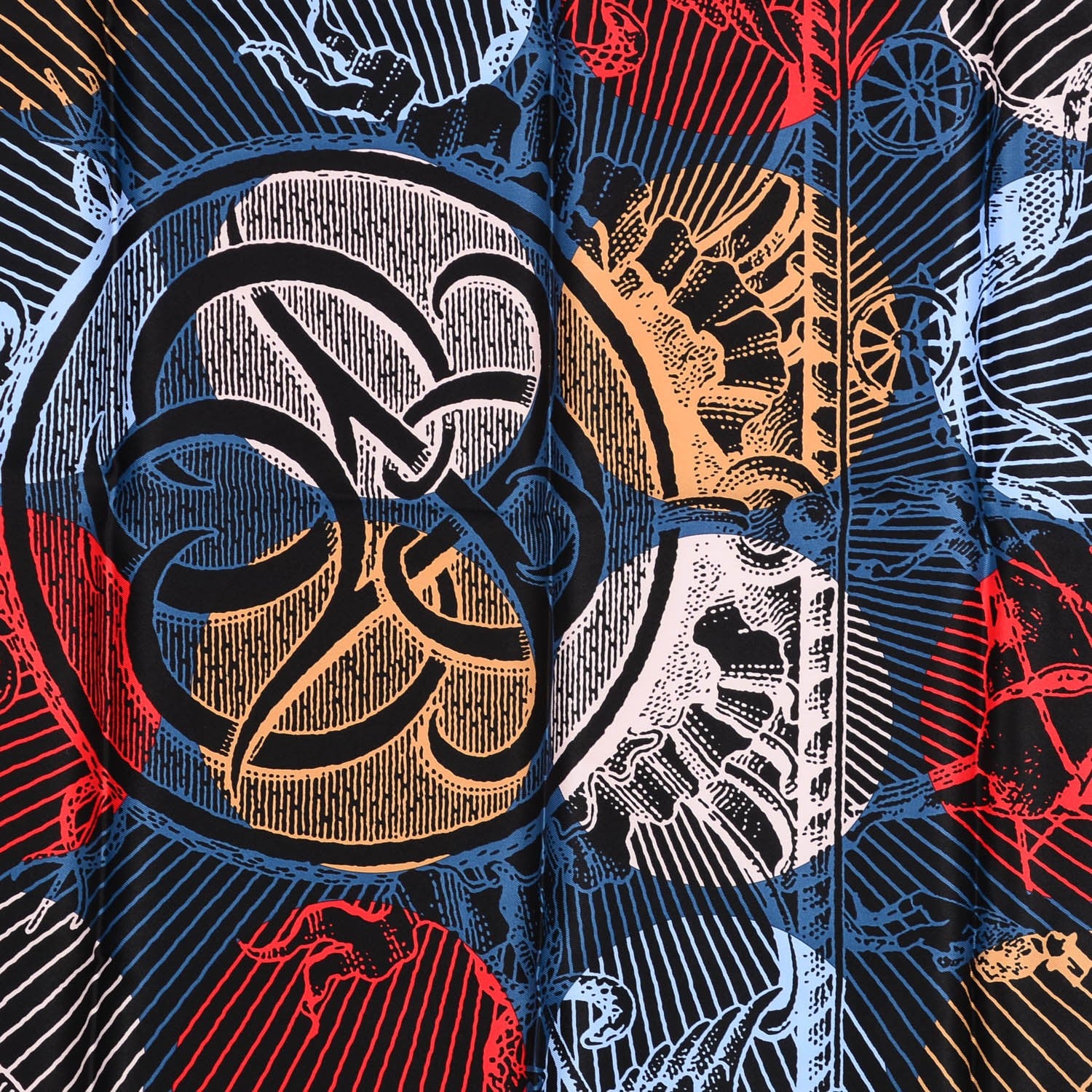 Hermes Silk Suite et Poursuite Scarf 70 Bleu Noir Rouge 1 of 6