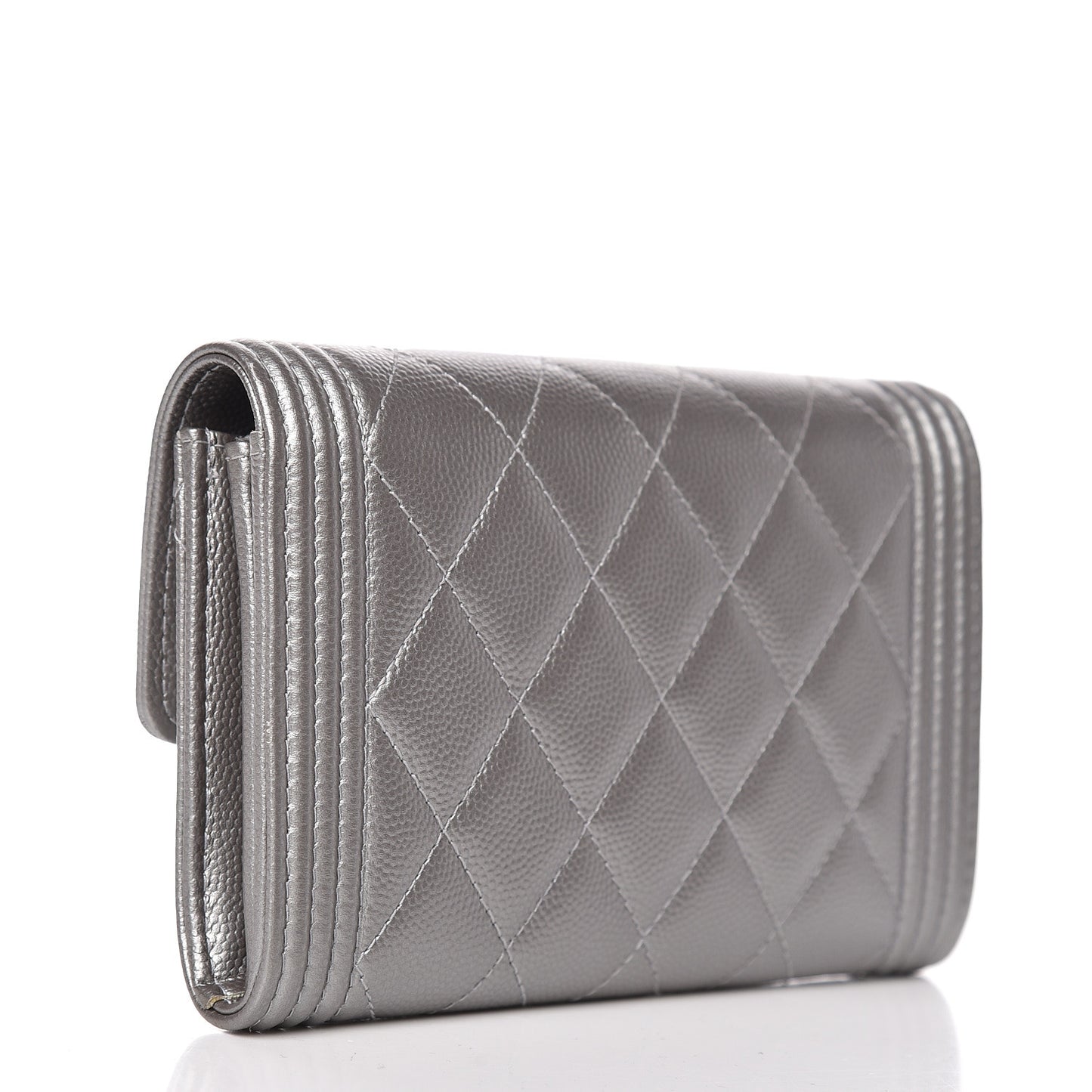 Metallic Caviar Quilted Medium Boy Flap Wallet Silver