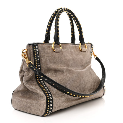 Prada Crackled Calfskin Studded Tote Talco Black 3 of 11