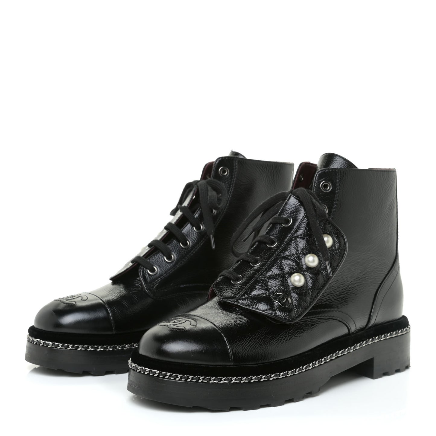 Crackled Calfskin Velvet Pearl Combat Short Boots 39 Black