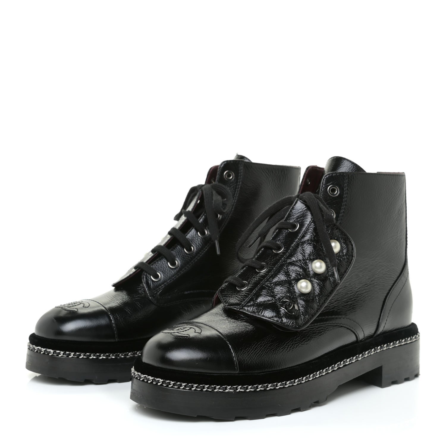 Chanel Crackled Calfskin Velvet Pearl Combat Short Boots 39 Black 3 of 19