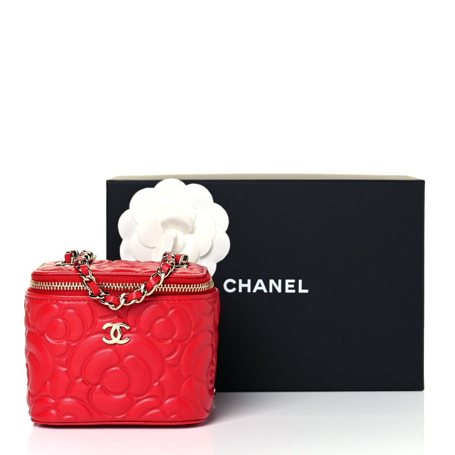 Chanel Lambskin Camellia Embossed Mini Vanity Case With Chain Red 10 of 10