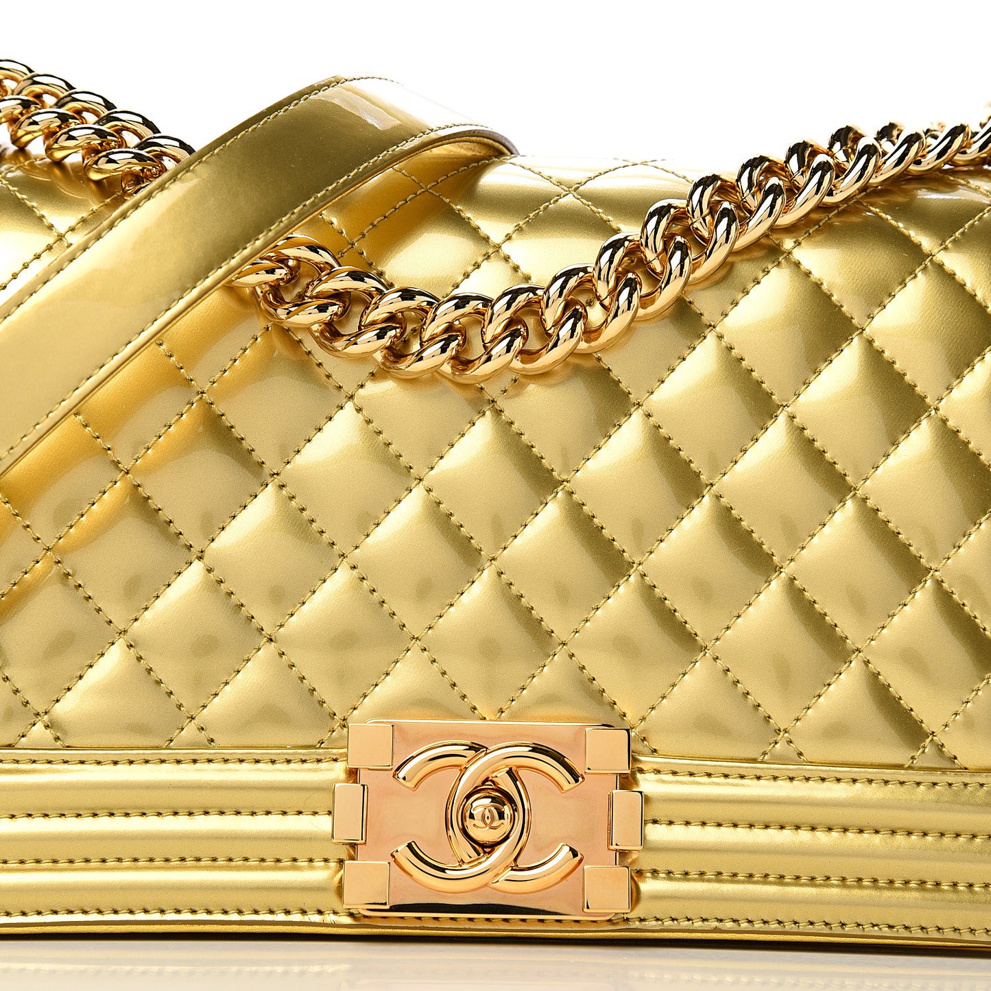 Metallic Patent Calfskin Quilted Medium Boy Flap Gold
