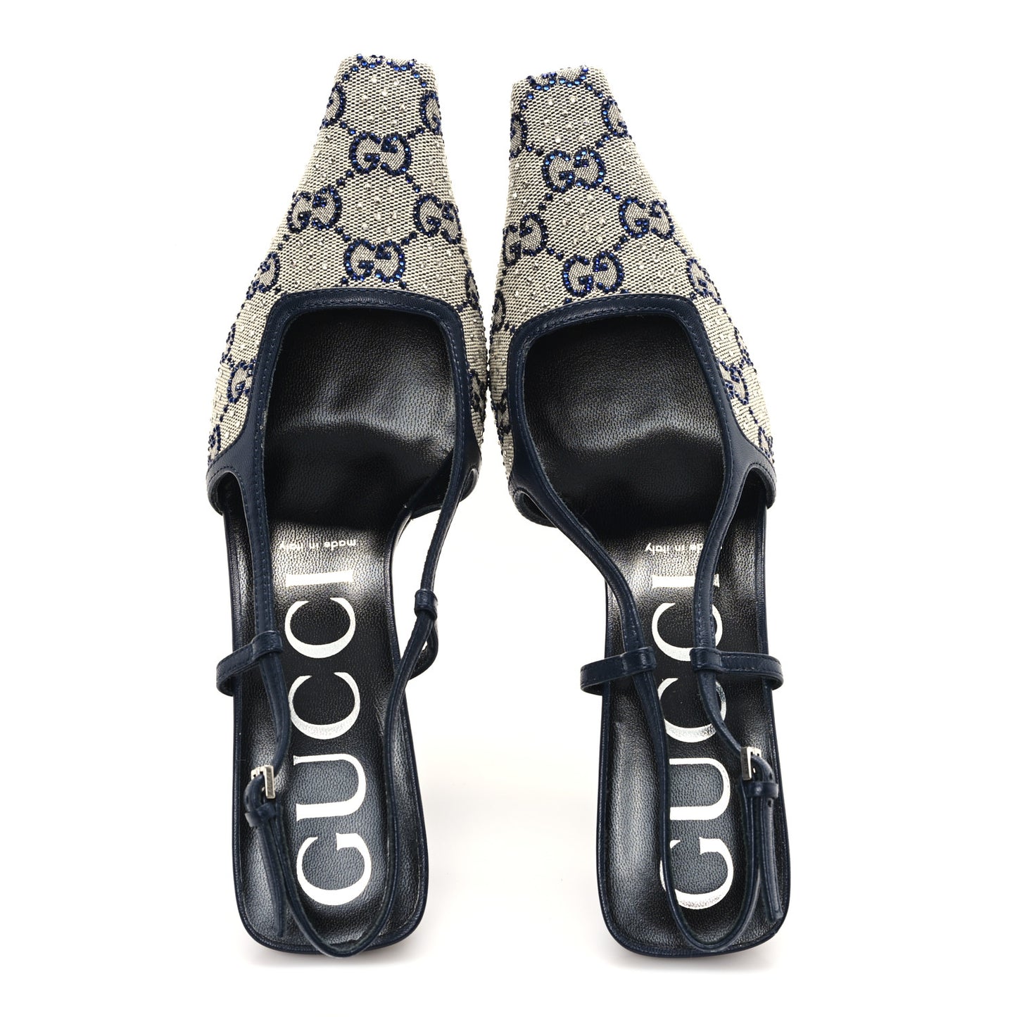 GG Monogram Malaga Kid Crystal Square G 75mm Slingback Pumps 38 Beige Blue