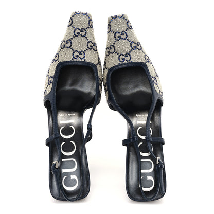 Gucci GG Monogram Malaga Kid Crystal Square G 75mm Slingback Pumps 38 Beige Blue 2 of 10