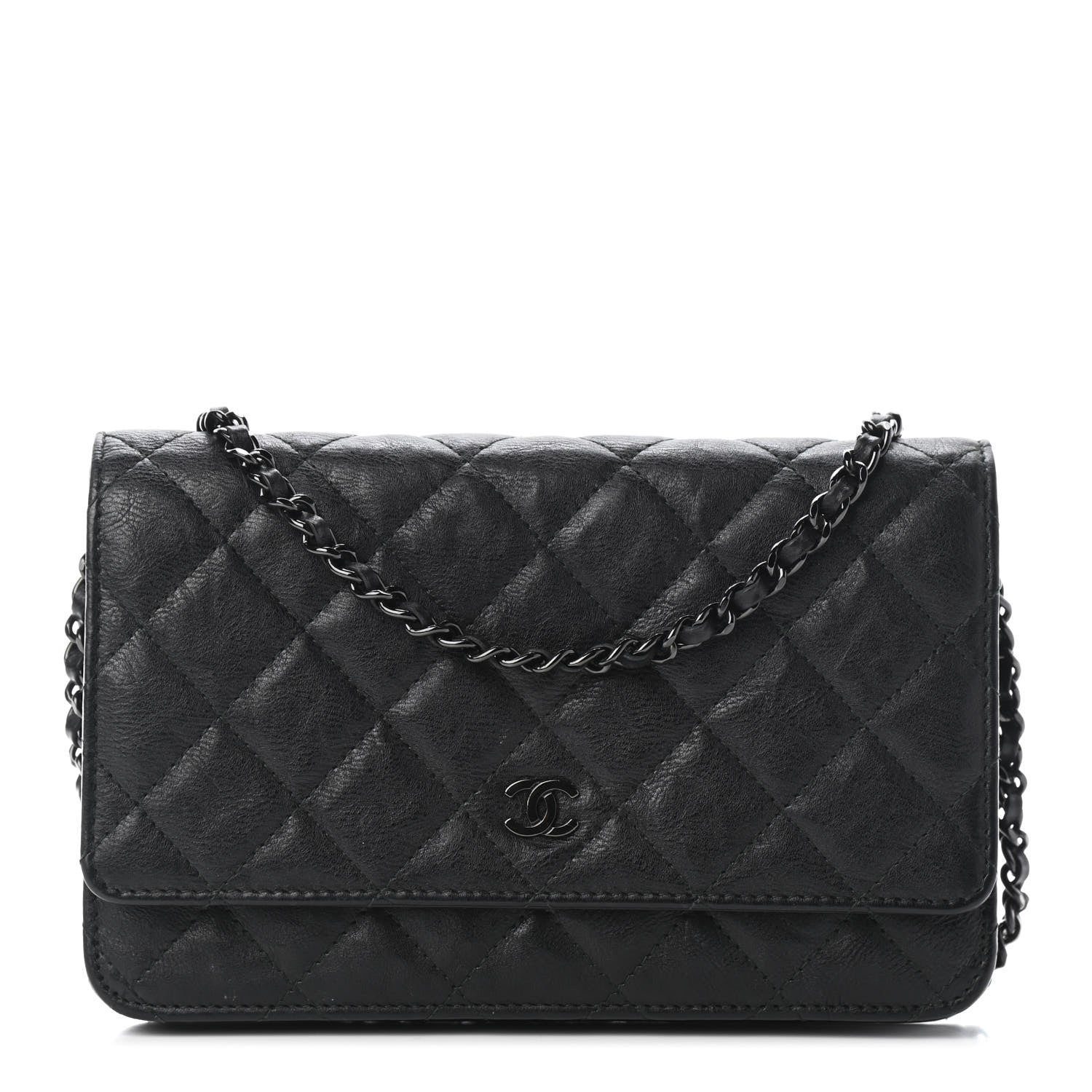 Chanel Crumpled Calfskin Quilted Wallet On Chain WOC So Black 1 of 6