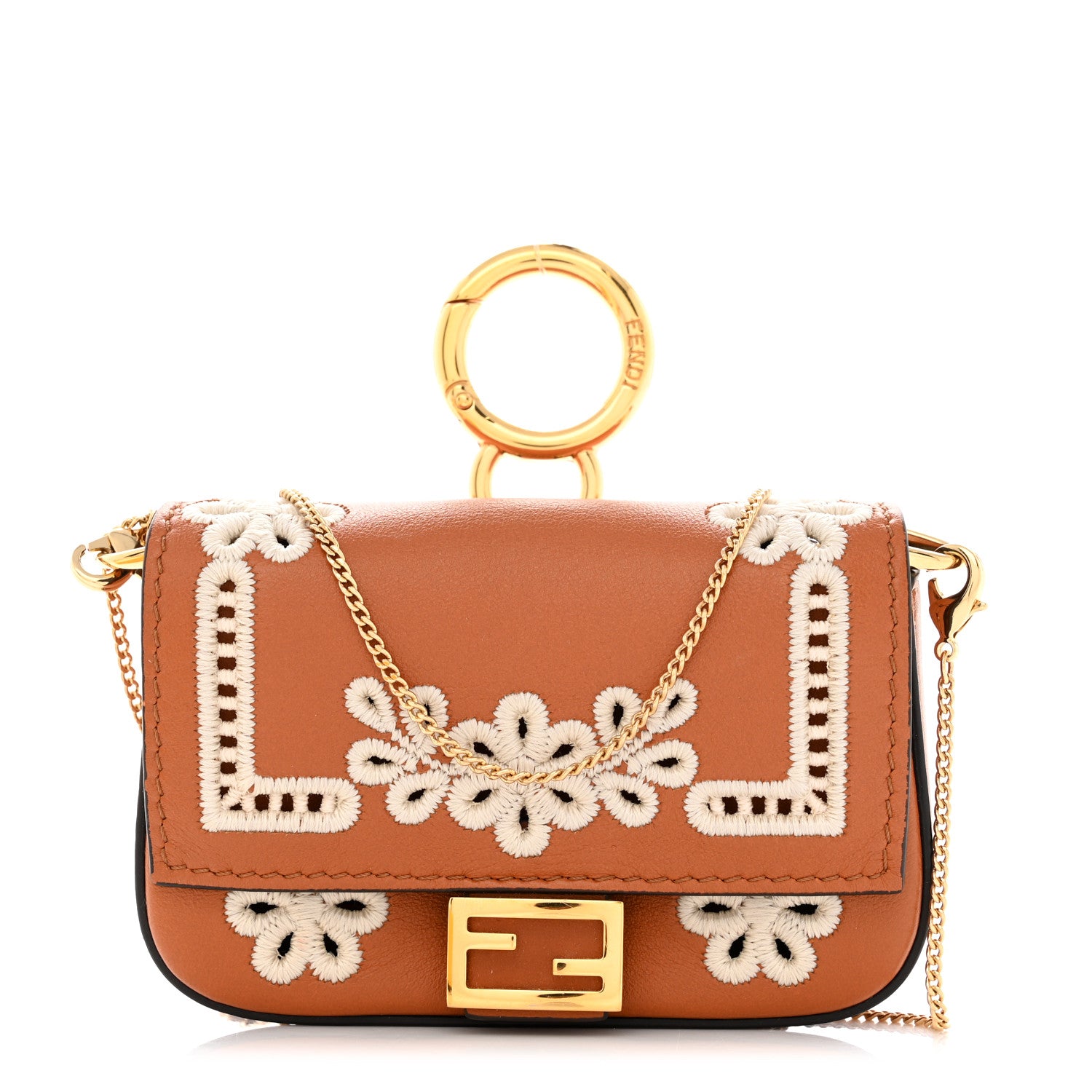 Fendi Shiny Nappa Vitello King Floral Ajour Embroidered Nano Baguette Charm Brandy 1 of 8