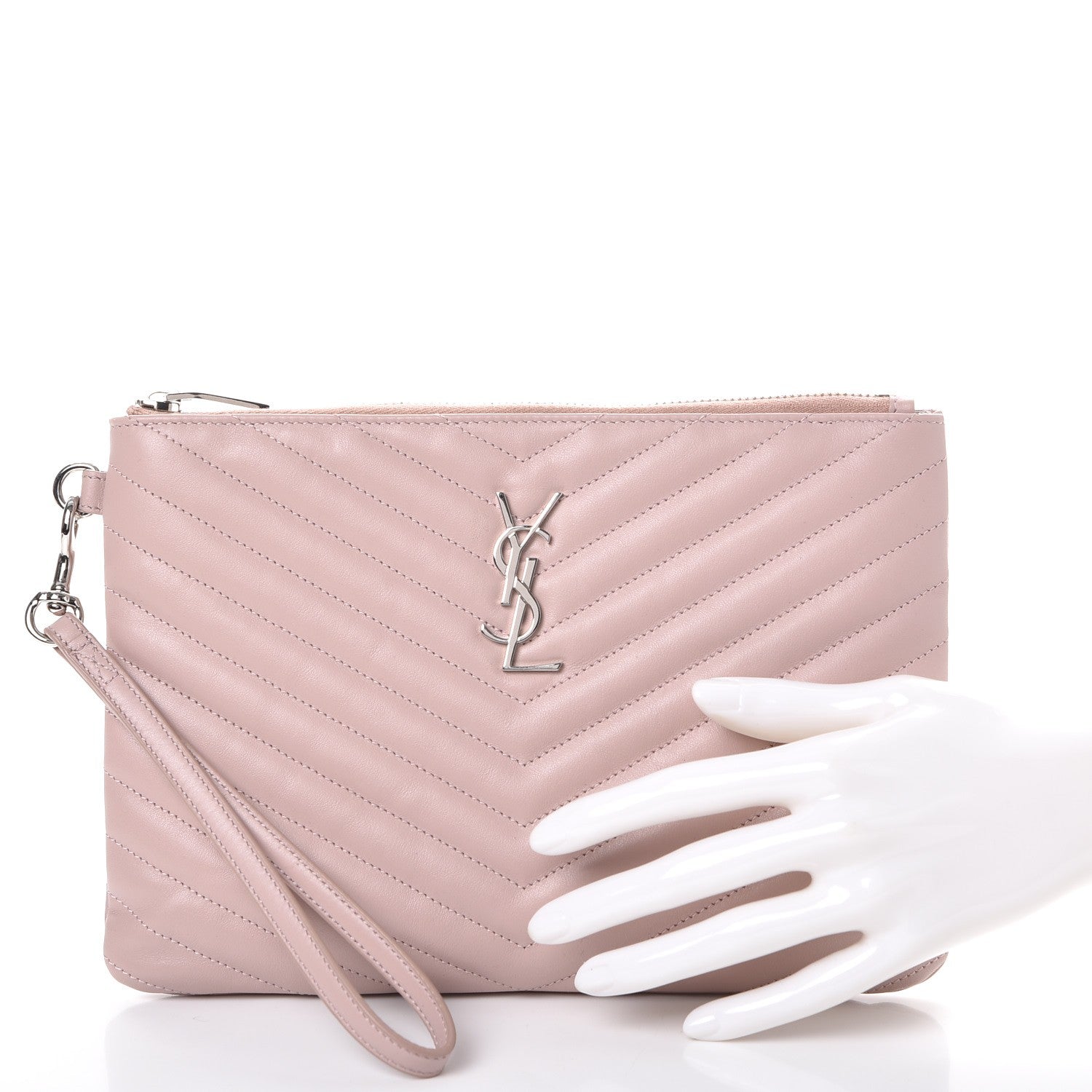 Saint Laurent Calfskin Matelasse Chevron Monogram A5 Wristlet Rose Poudre 2 of 8