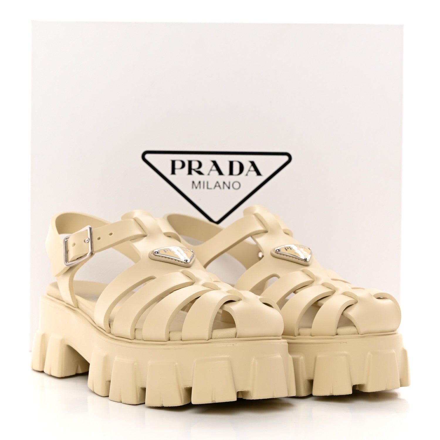Prada Foam Rubber Metal Triangle Logo Monolith 55mm Cage Sandals 41 Quarzo 14 of 14
