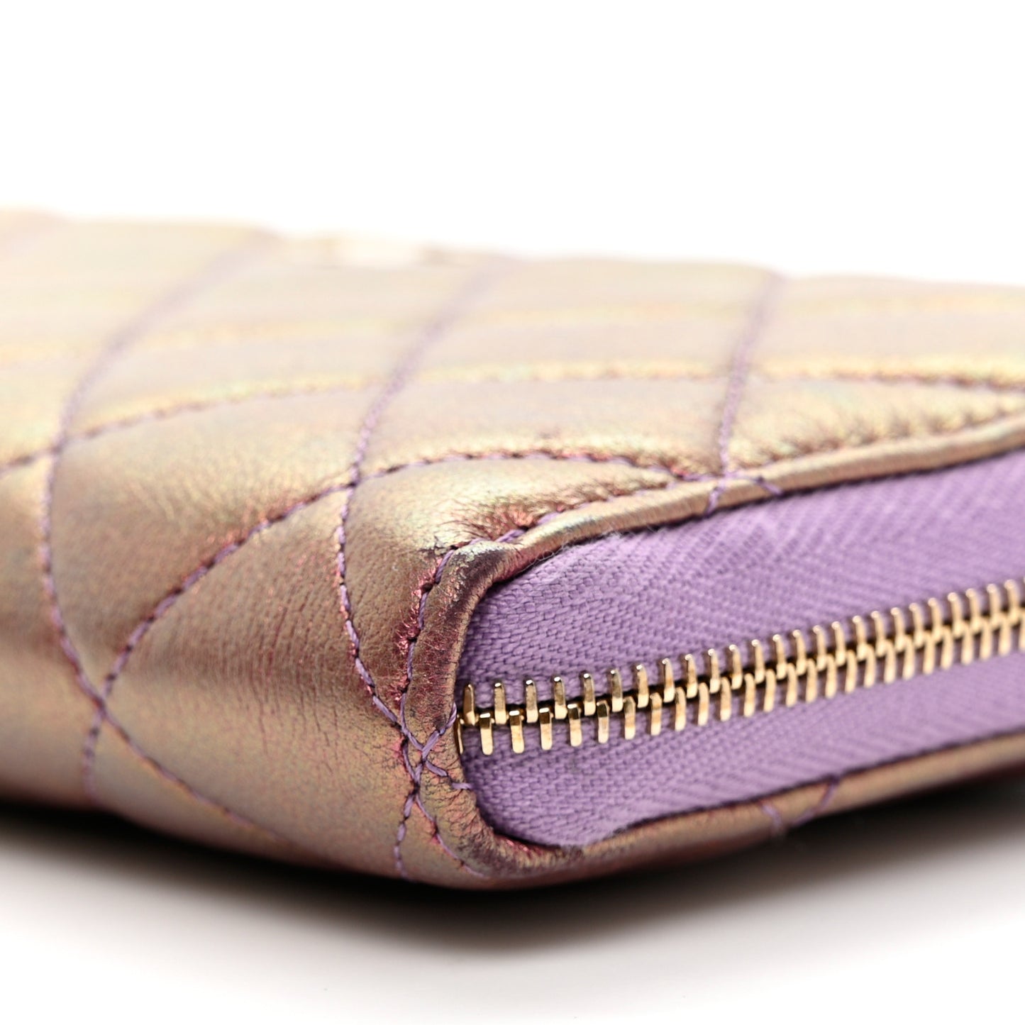 Iridescent Lambskin Quilted Large Gusset Zip Around Wallet Purple