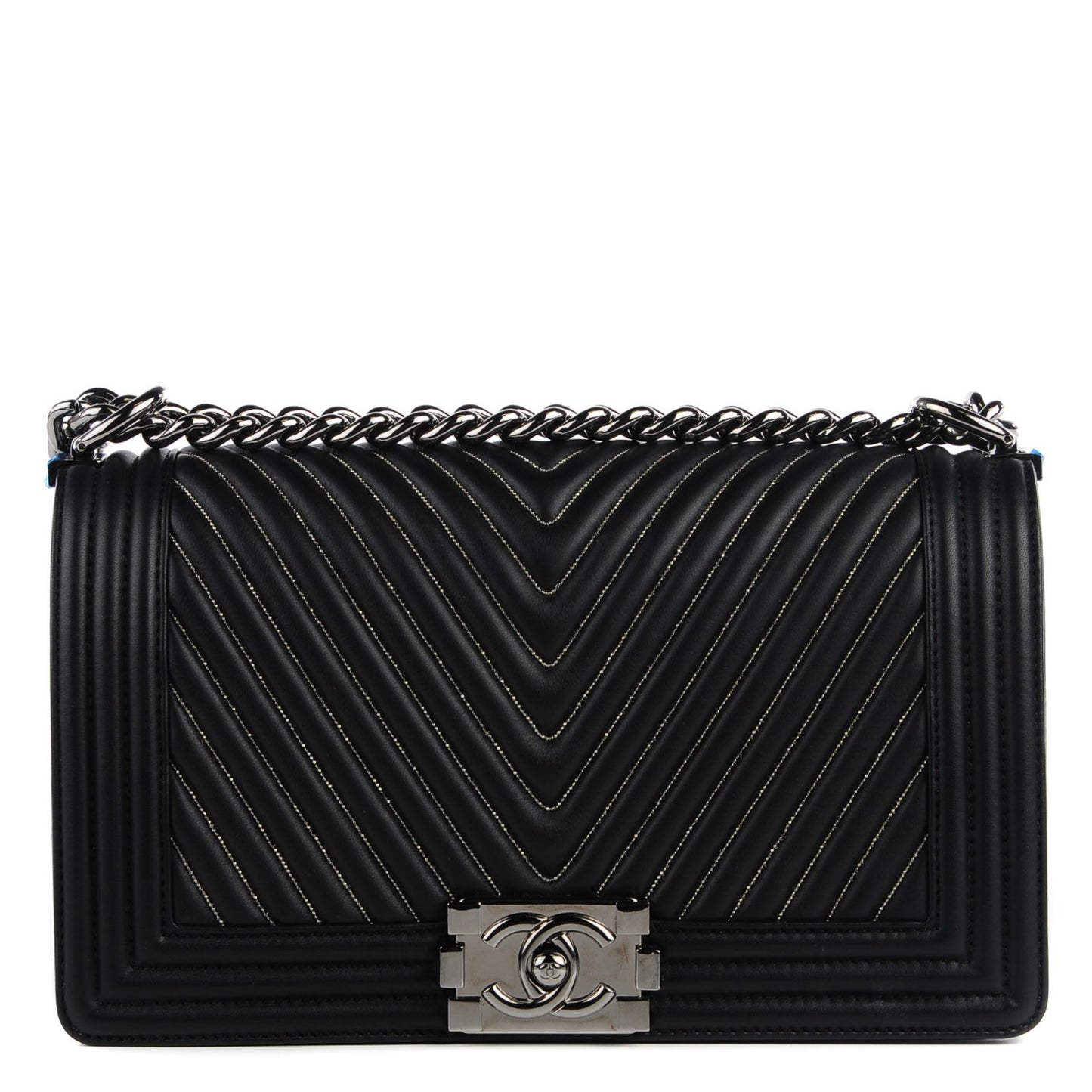 Calfskin Chevron Quilted Medium Chain Boy Flap Black