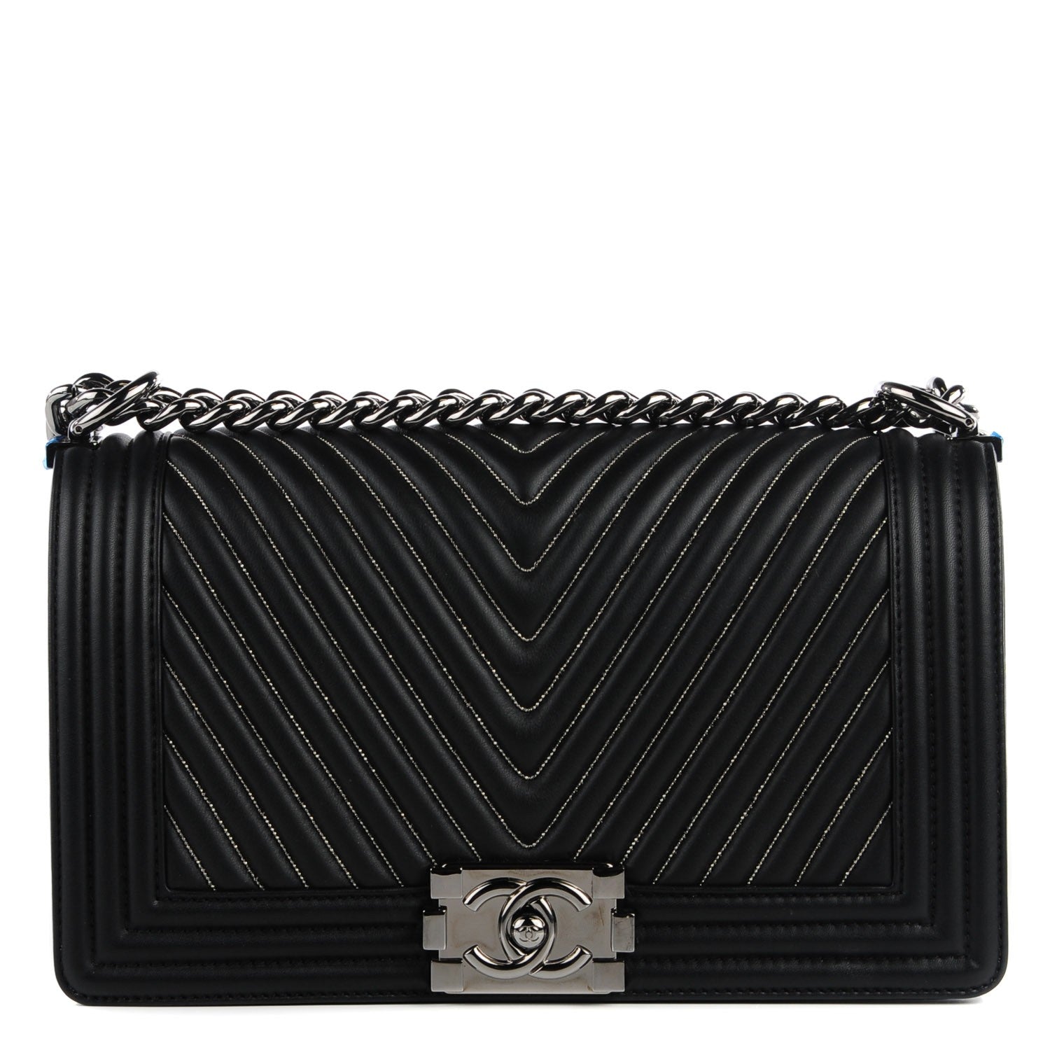 Chanel Calfskin Chevron Quilted Medium Chain Boy Flap Black 1 of 9