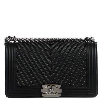 Chanel Calfskin Chevron Quilted Medium Chain Boy Flap Black 1 of 9