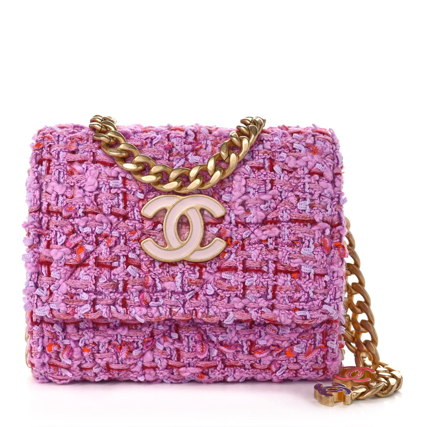 Tweed Enamel Quilted Pending CC Card Holder On Chain Light Purple Pink Red