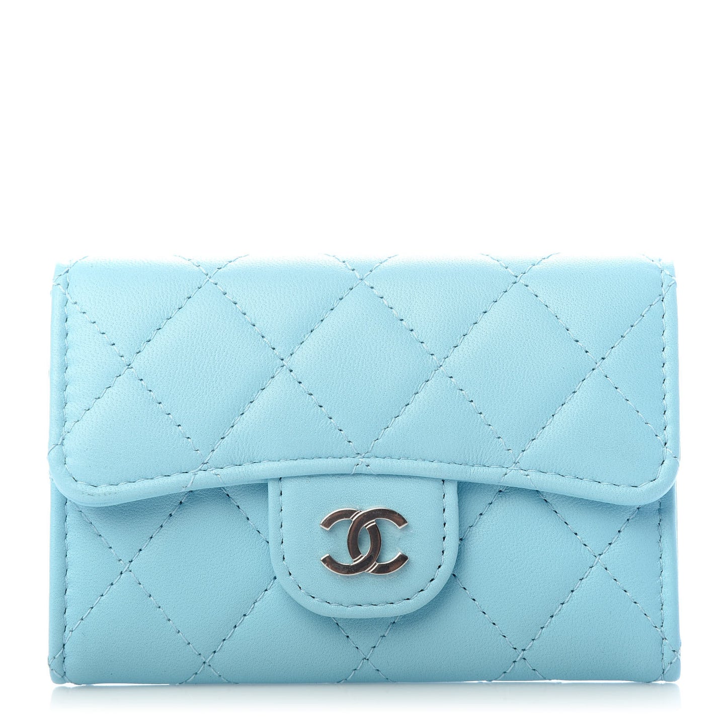 Lambskin Quilted Flap Card Holder Wallet Neon Blue