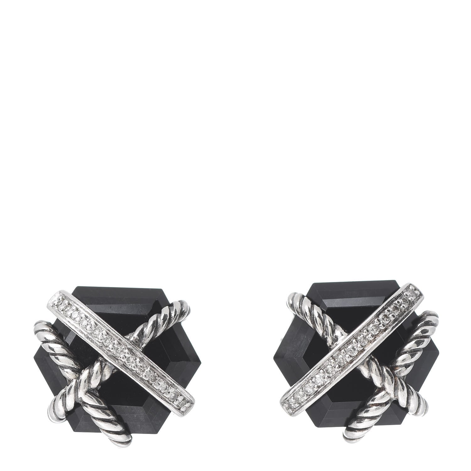 David Yurman Sterling Silver Diamond Black Onyx 11mm Cable Wrap Earrings 1 of 4