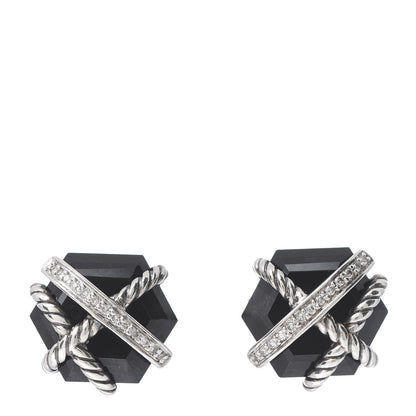 David Yurman Sterling Silver Diamond Black Onyx 11mm Cable Wrap Earrings 1 of 4