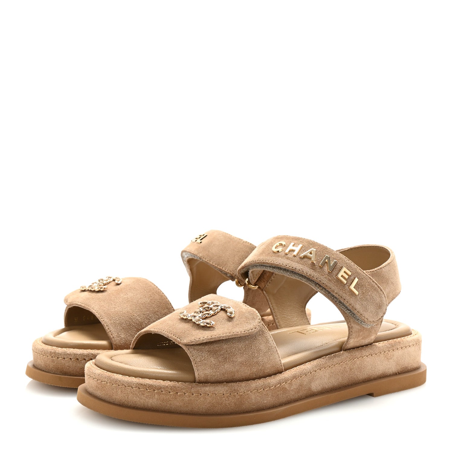 Chanel Suede Calfskin Velcro Dad Sandals 36 Beige 4 of 10