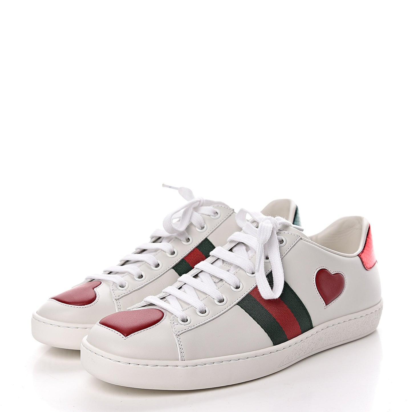 Calfskin Web Heart Embroidered Womens Ace Sneakers 38 White
