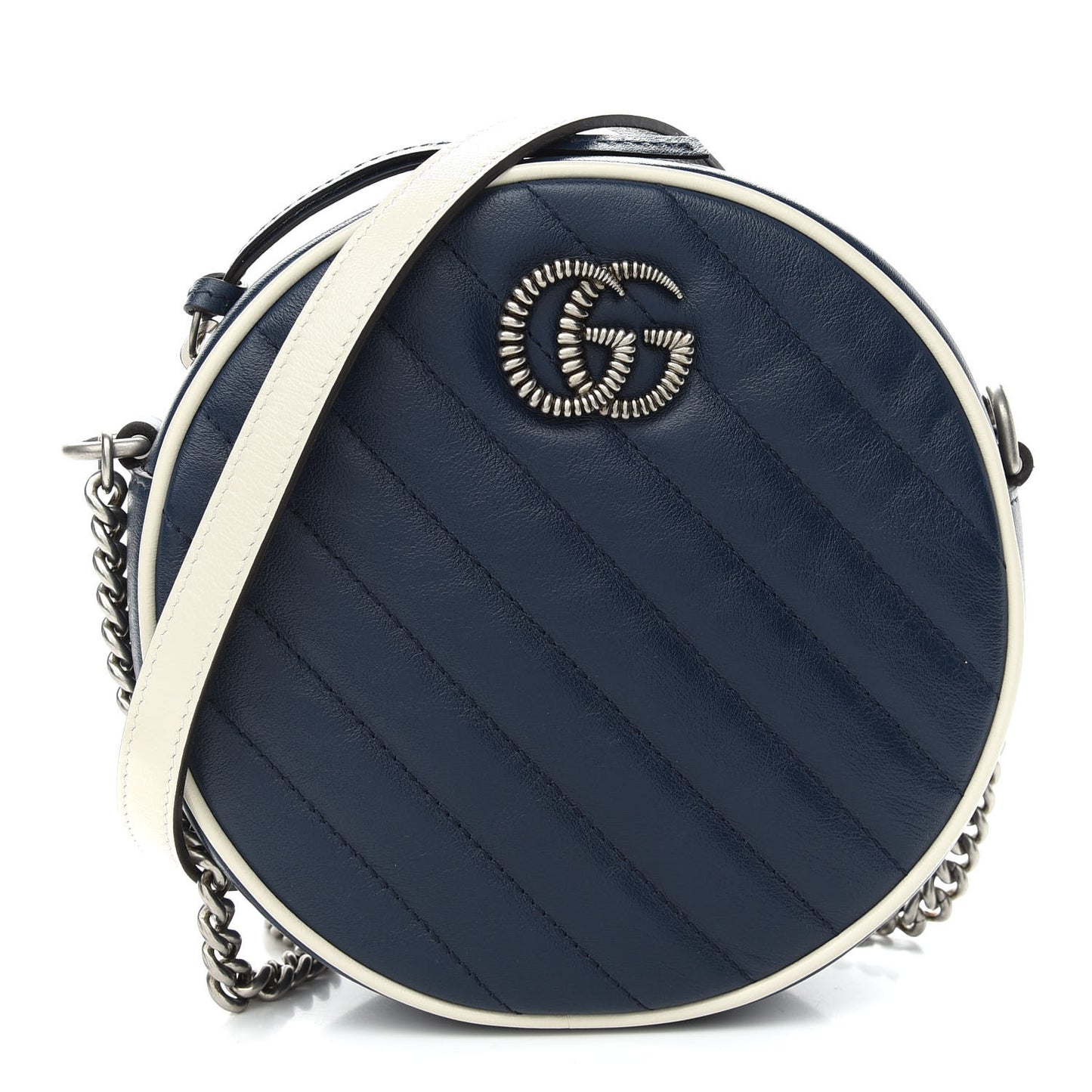 Azalea Calfskin Matelasse Diagonal Mini Torchon GG Marmont Round Shoulder Bag Blue Agata Mystic White