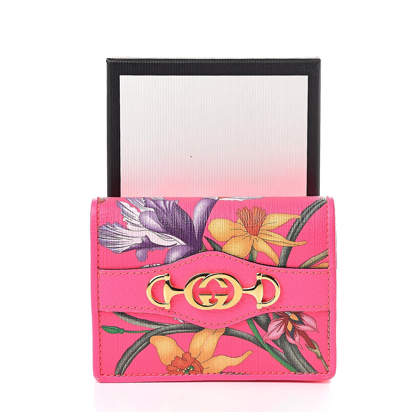 Calfskin Flora Print Zumi Card Case Fuxia Fluo