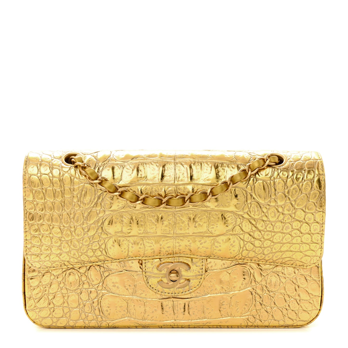 Metallic Calfskin Crocodile Embossed Cocodile Medium Double Flap Gold