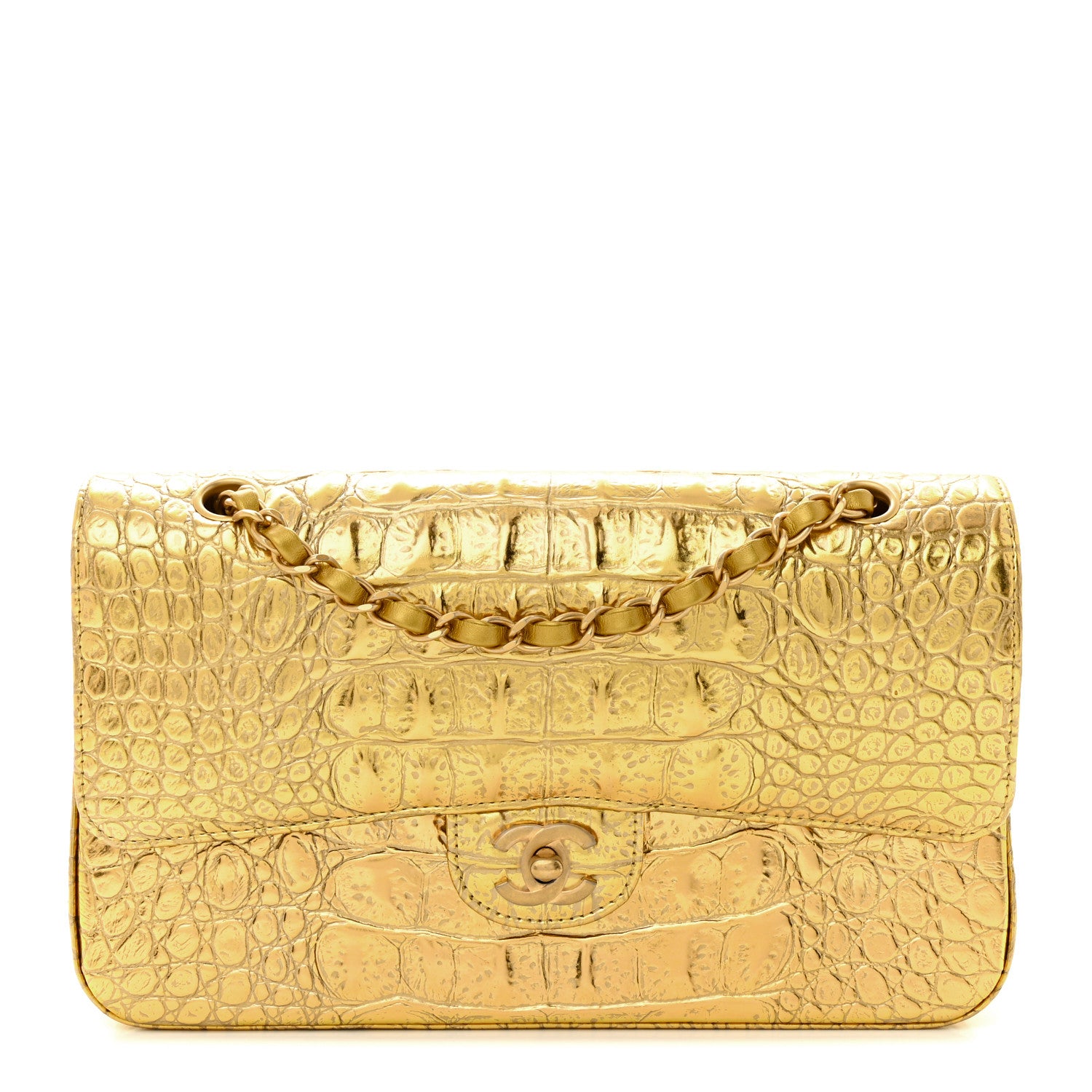 Chanel Metallic Calfskin Crocodile Embossed Cocodile Medium Double Flap Gold 1 of 12