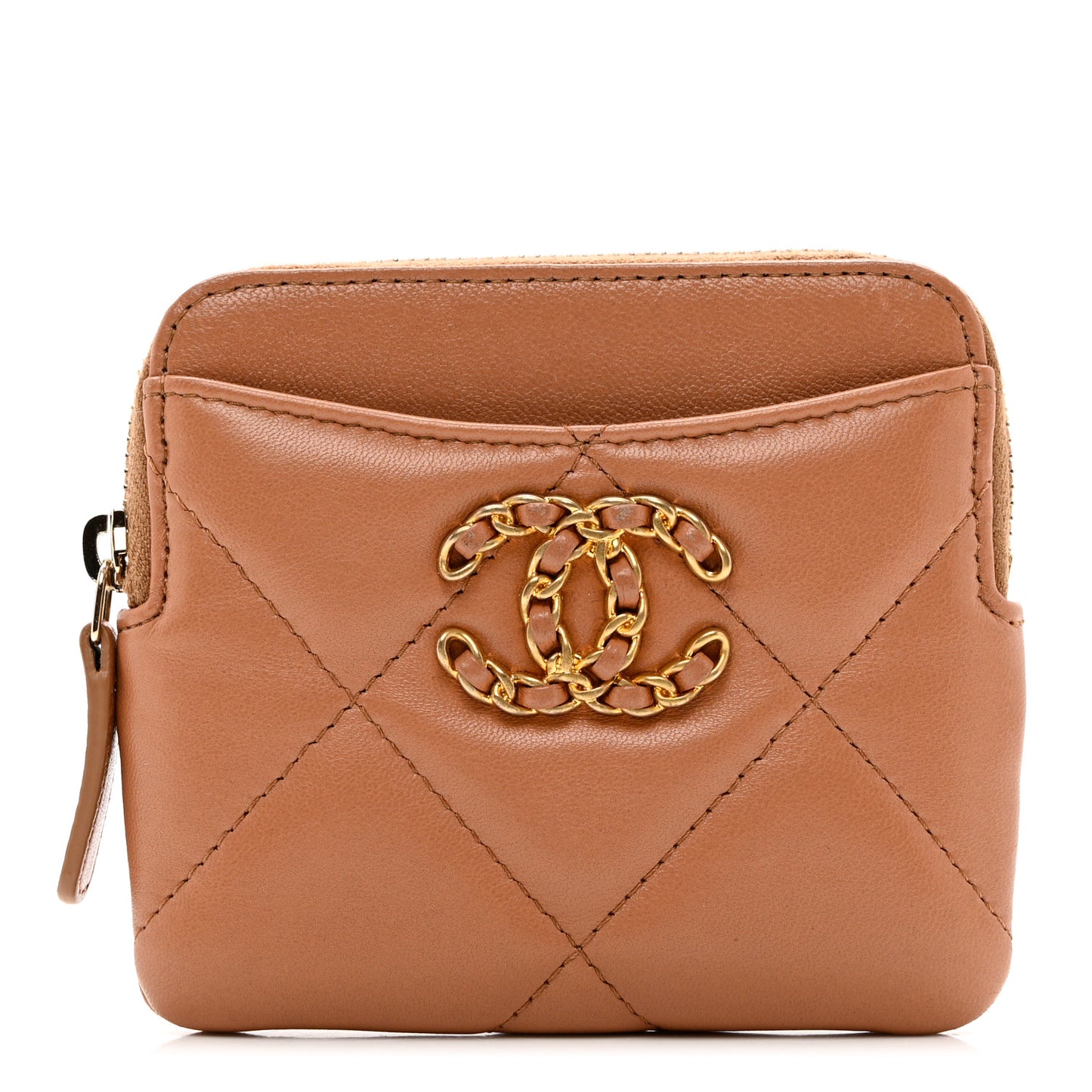 Lambskin Quilted Chanel 19 Zip Card Holder Wallet Brown