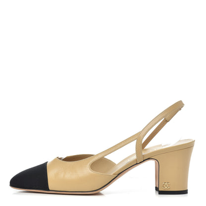 Chanel Lambskin Grosgrain Cap Toe CC Slingback Pumps 39 Beige Black 1 of 13
