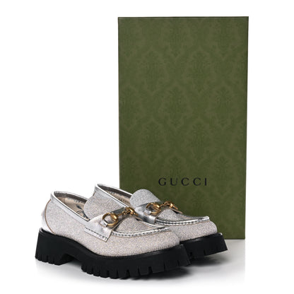Gucci Mini Diamond Storm Silk Calfskin Womens Harald Horsebit 25mm Platform Loafers 36 Silver 11 of 11